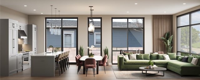 dining area with hardwood / wood-style floors and sink