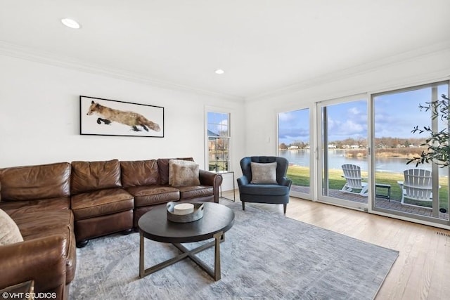 living room featuring crown molding, a water view, and light hardwood / wood-style flooring