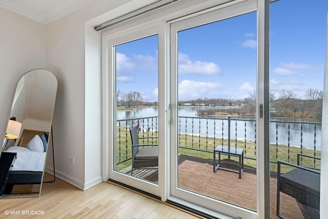 doorway to outside featuring a water view, crown molding, and light hardwood / wood-style flooring