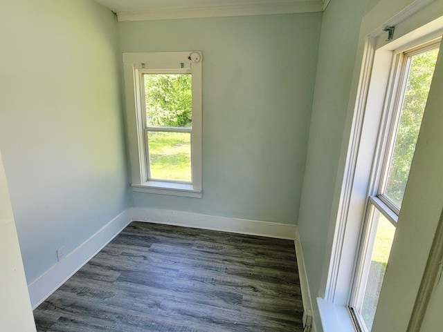 empty room with healthy amount of natural light, baseboards, dark wood-type flooring, and crown molding