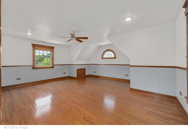 bonus room featuring ceiling fan, vaulted ceiling, and light hardwood / wood-style floors