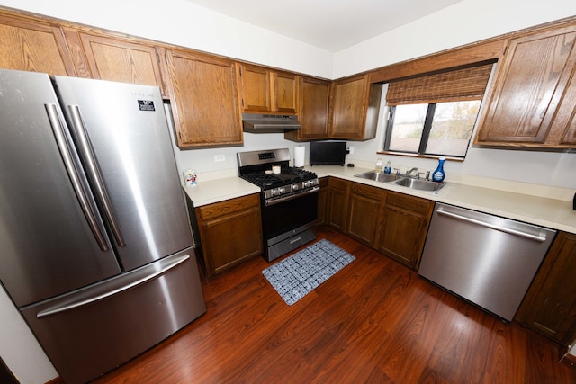 kitchen with sink, dark hardwood / wood-style floors, and appliances with stainless steel finishes