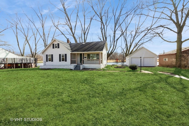 view of front of property featuring a garage, a chimney, an outdoor structure, a porch, and a front yard