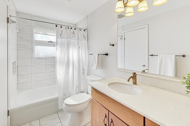 full bathroom featuring vanity, shower / bath combo, tile patterned floors, and toilet