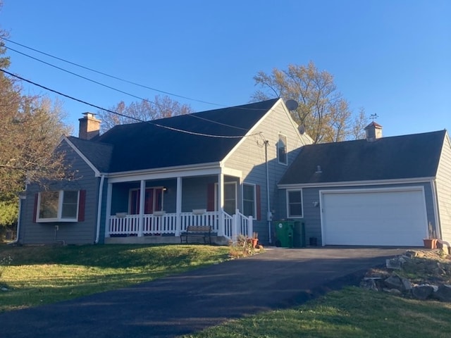 cape cod home with covered porch, a garage, and a front yard