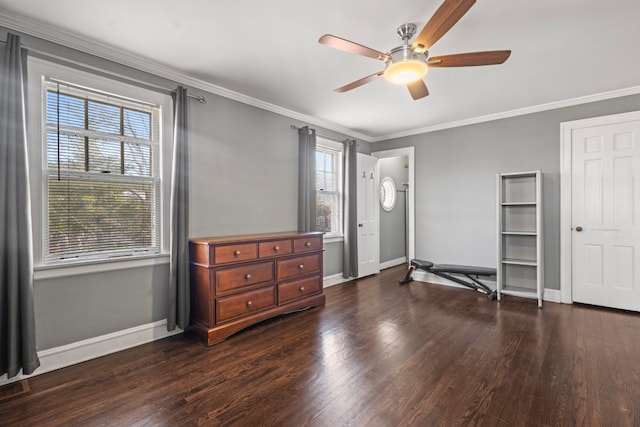 bedroom featuring multiple windows, ceiling fan, and dark hardwood / wood-style floors