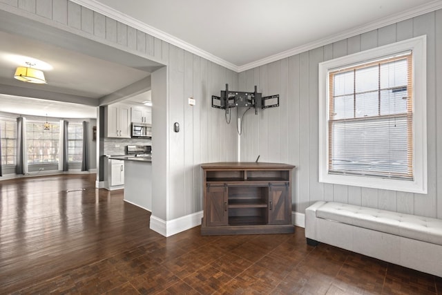 interior space featuring ornamental molding and wood walls