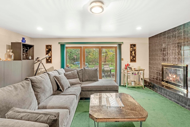 living room with a fireplace and carpet