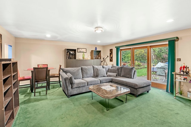 carpeted living room featuring crown molding