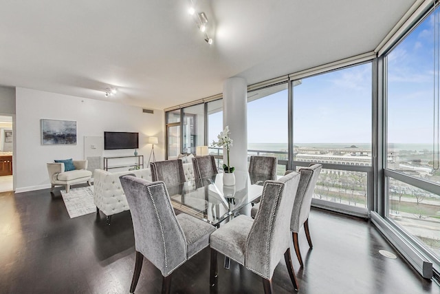 dining room featuring floor to ceiling windows and dark hardwood / wood-style flooring