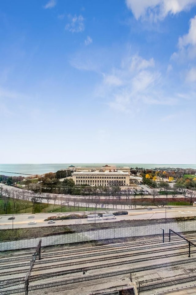 bird's eye view with a water view