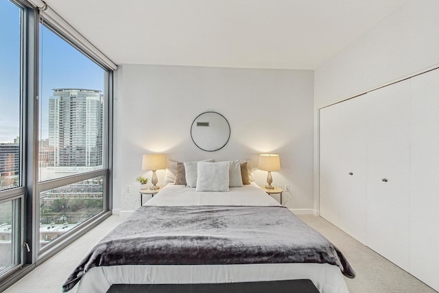 bedroom with a closet and light colored carpet