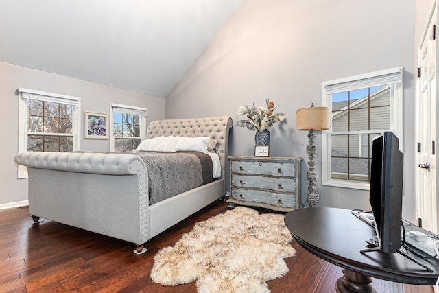 bedroom featuring dark hardwood / wood-style floors, high vaulted ceiling, and multiple windows