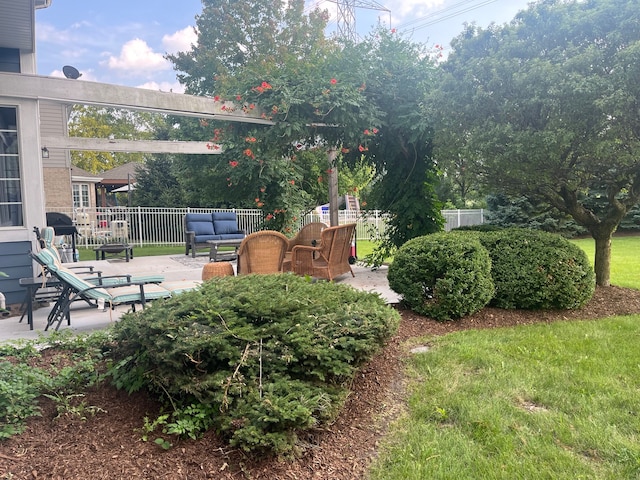 view of yard with outdoor lounge area and a patio