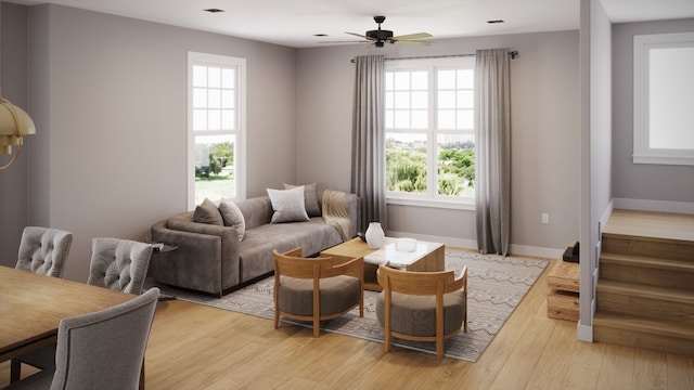 living area with ceiling fan and light hardwood / wood-style floors