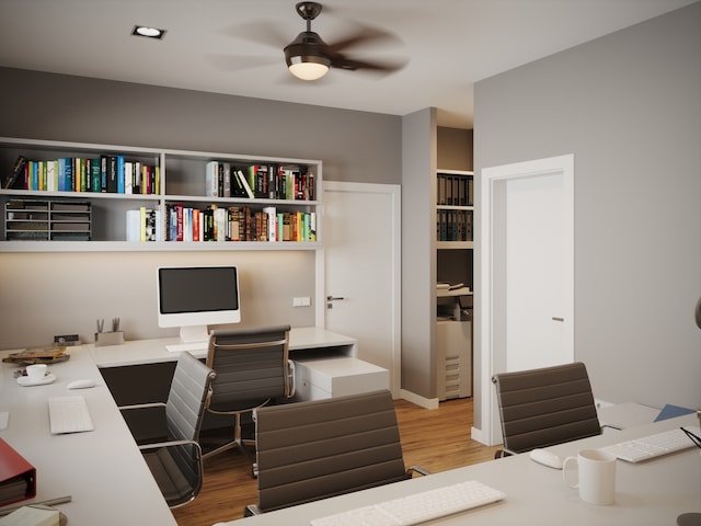 office area featuring ceiling fan and light hardwood / wood-style flooring