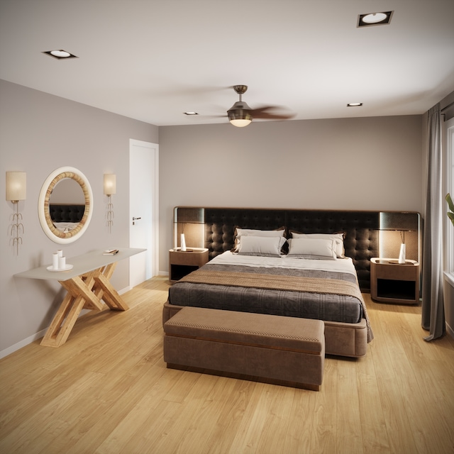 bedroom with light hardwood / wood-style floors and ceiling fan