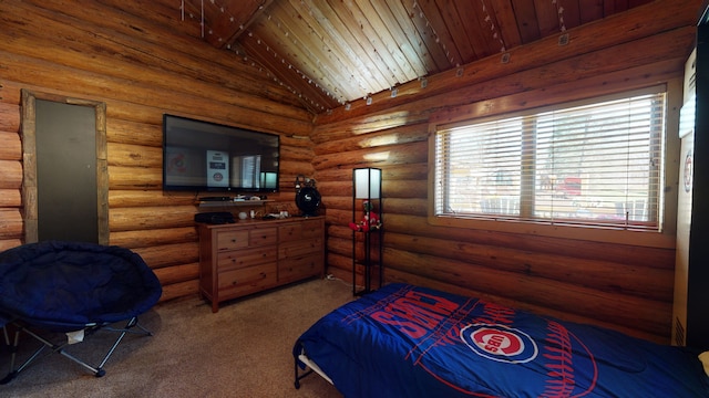 bedroom with lofted ceiling with beams, wooden ceiling, log walls, and multiple windows