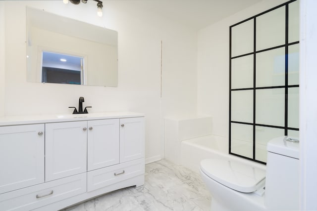 full bathroom featuring shower / washtub combination, vanity, and toilet