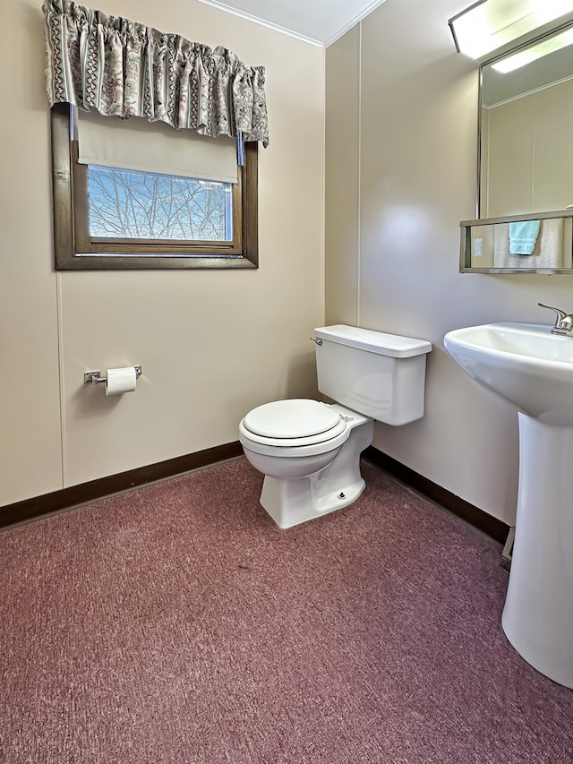 bathroom with ornamental molding and toilet