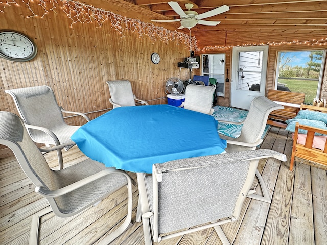 wooden terrace featuring ceiling fan