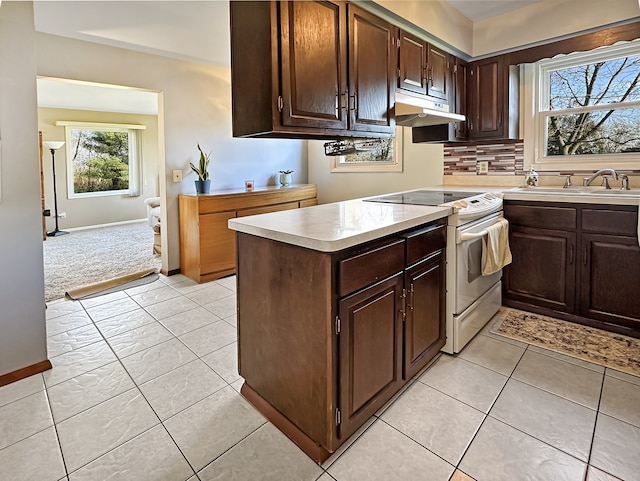 kitchen featuring plenty of natural light, light colored carpet, dark brown cabinetry, and white electric stove