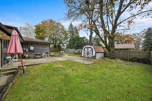 view of yard featuring a patio area and a shed