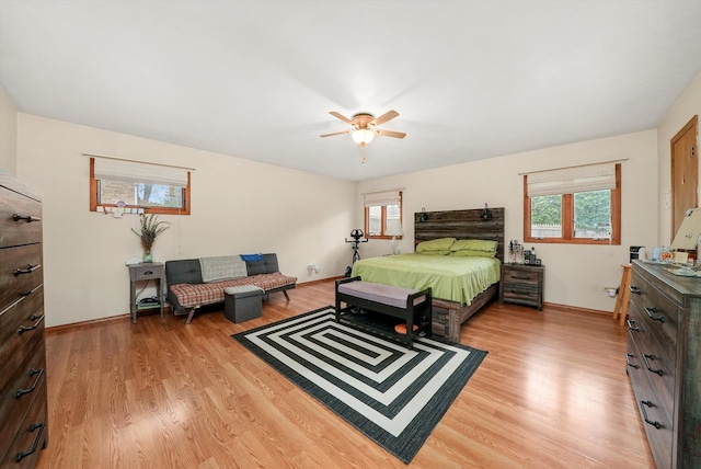 bedroom featuring ceiling fan and light wood-type flooring