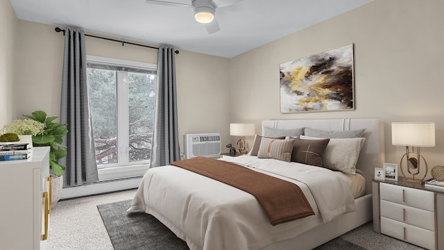 bedroom featuring a baseboard radiator, a wall unit AC, light colored carpet, and ceiling fan