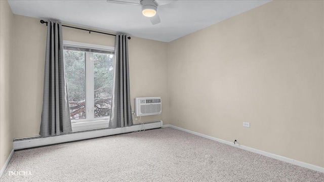 carpeted empty room featuring ceiling fan, an AC wall unit, plenty of natural light, and a baseboard heating unit