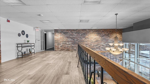 hall with a drop ceiling, hardwood / wood-style floors, and a chandelier