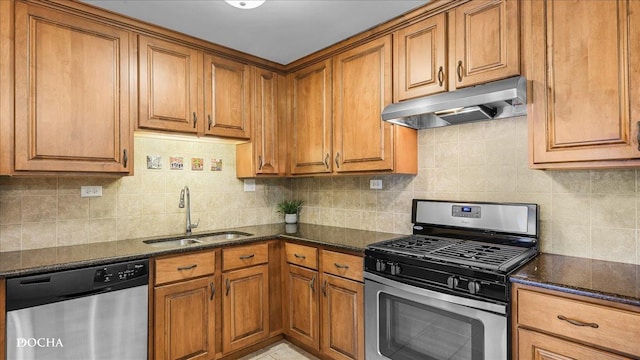 kitchen featuring dark stone countertops, sink, backsplash, and stainless steel appliances