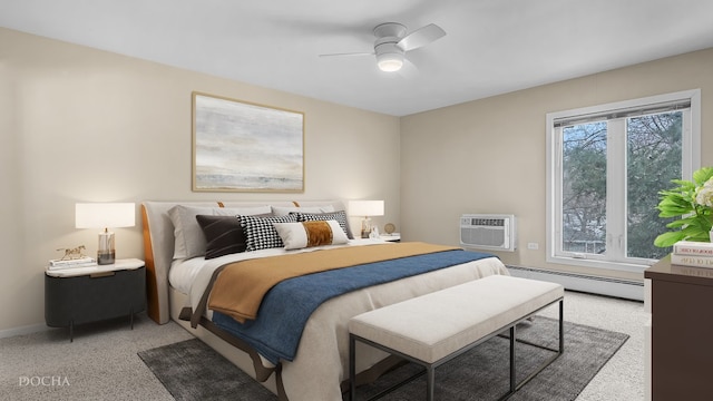 bedroom with a baseboard heating unit, an AC wall unit, and ceiling fan