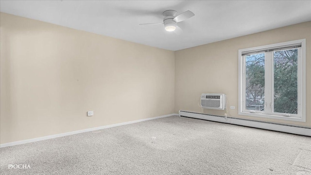 carpeted spare room featuring a baseboard radiator, a wall mounted AC, and ceiling fan