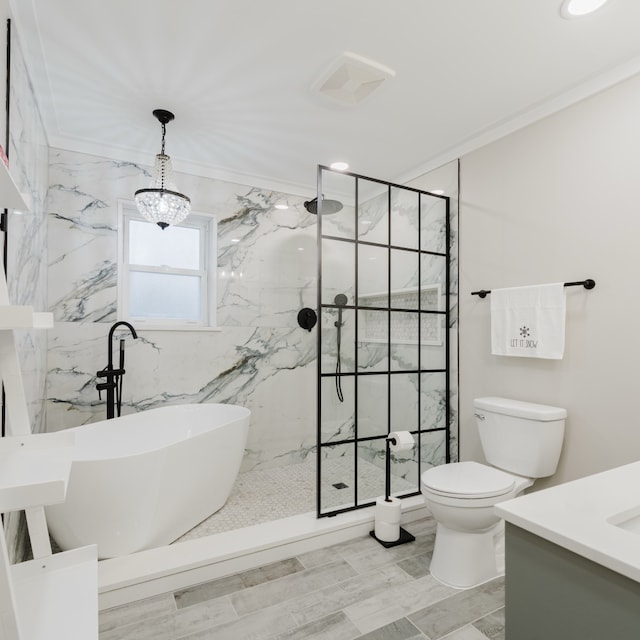 bathroom with toilet, crown molding, and independent shower and bath