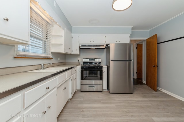 kitchen with light hardwood / wood-style flooring, white cabinetry, sink, and appliances with stainless steel finishes