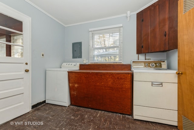 laundry area featuring electric panel, crown molding, and cabinets