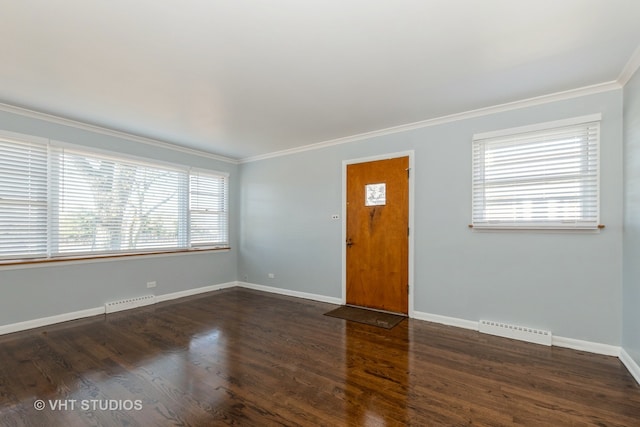 interior space with dark hardwood / wood-style flooring and ornamental molding