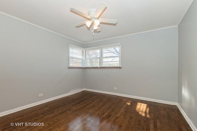 unfurnished room with ceiling fan, dark wood-type flooring, and ornamental molding