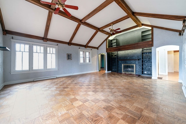 unfurnished living room featuring ceiling fan, high vaulted ceiling, a fireplace, and a baseboard radiator