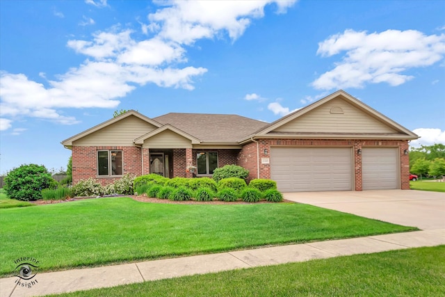 view of front of home with a front yard and a garage