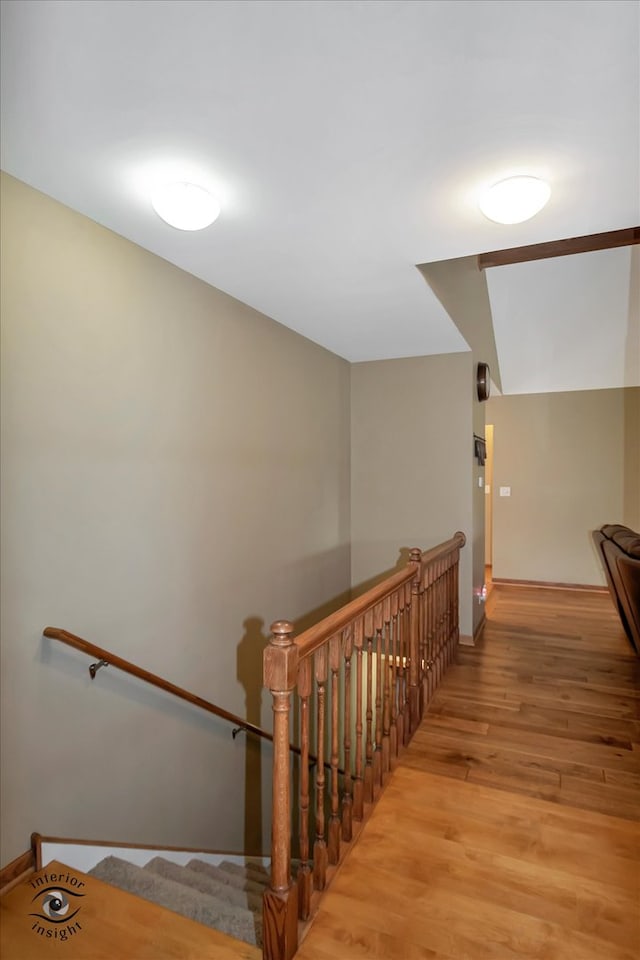 stairway with hardwood / wood-style flooring