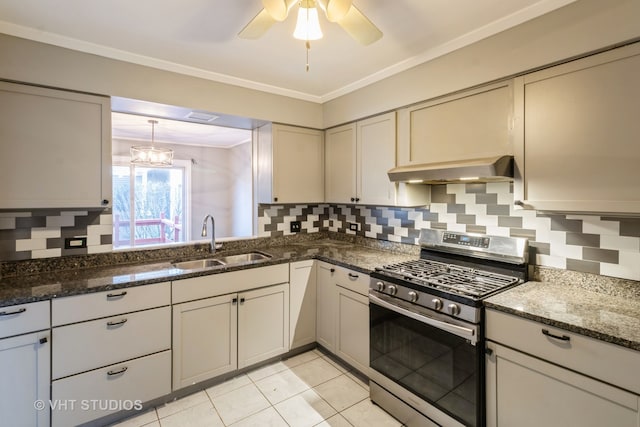 kitchen featuring tasteful backsplash, ventilation hood, sink, and stainless steel gas stove