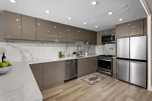 kitchen with gray cabinetry, sink, stainless steel appliances, light hardwood / wood-style floors, and decorative backsplash