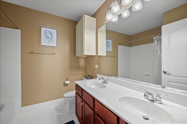 full bathroom featuring toilet, shower / tub combo, vanity, and tile patterned floors