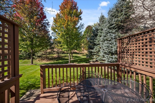 wooden terrace featuring a yard