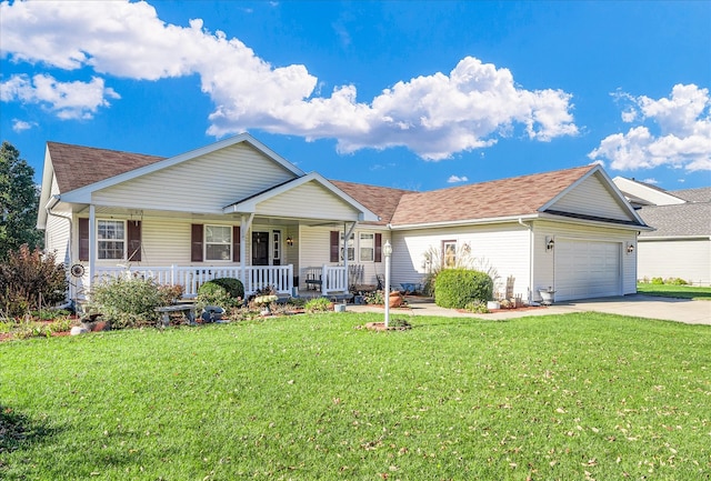 single story home featuring a garage, a front yard, and covered porch