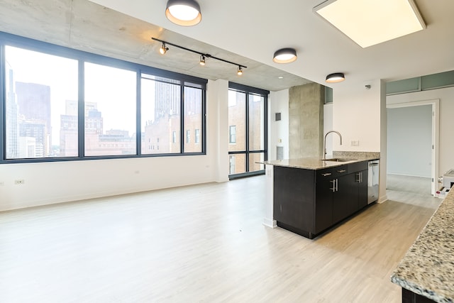 kitchen with light stone counters, dishwasher, sink, rail lighting, and light hardwood / wood-style flooring