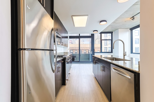 kitchen with expansive windows, stainless steel appliances, plenty of natural light, sink, and light hardwood / wood-style flooring