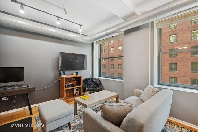 living room featuring hardwood / wood-style floors and track lighting